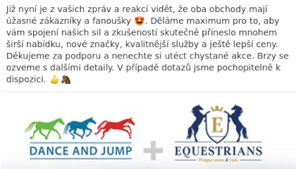 Komunikace sloučení Dance & Jump s Equestrians na Facebooku